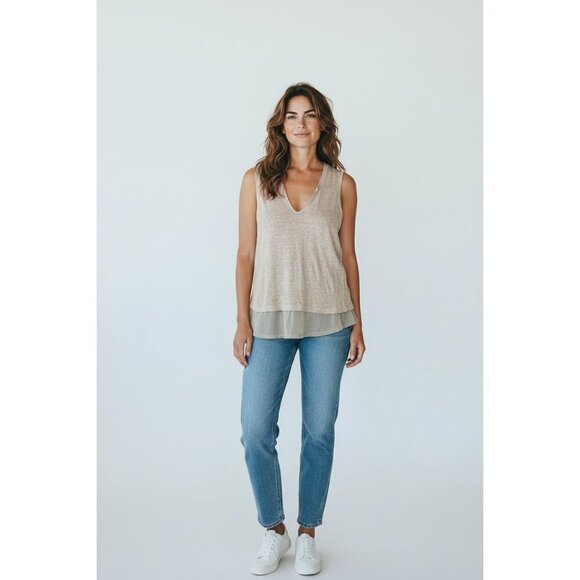 Acrobat Tops - NWT Acrobat V neck Sleeveless Blouse Linen Tan Layered Hemline Size S $54 [jb]